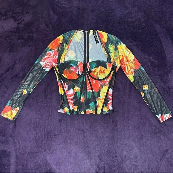 Multicolor Floral Mesh Long Sleeve Corset Top Size M - Picture 2 of 5